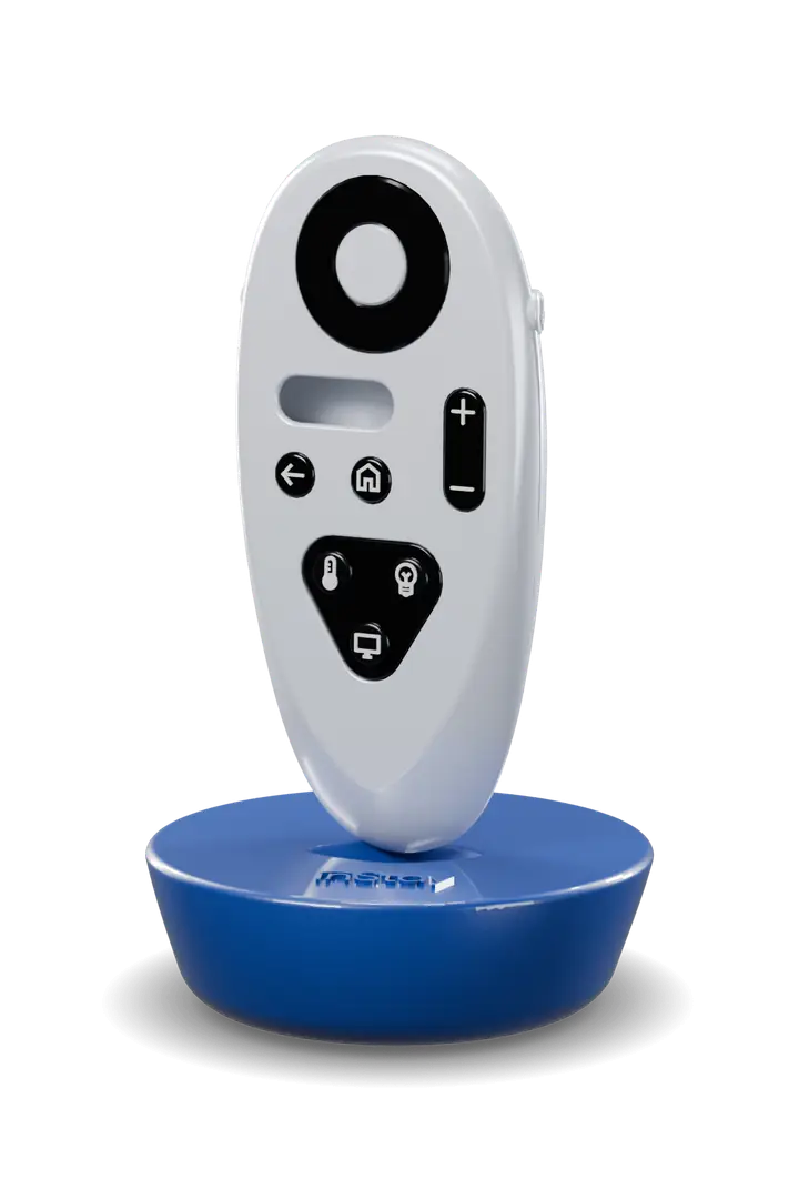 The InStay remote standing in its blue charging dock